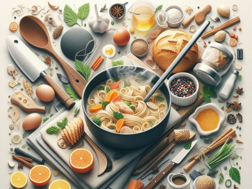 "Generate a captivating culinary-themed image that embodies the essence of a gastronomic journey, capturing the warmth, comfort, and sophistication of mastering the art of Quick and Easy Chicken Noodle Soup. Incorporate elements like aprons, knives, and a steaming bowl of soup."